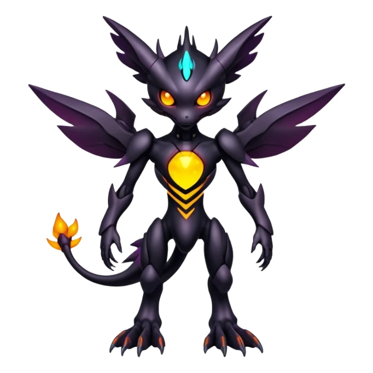 futuristic dark shadowy evil neon-glowing warm-colored Fakémon-Digimon-hybrid-creature (full body) sticker