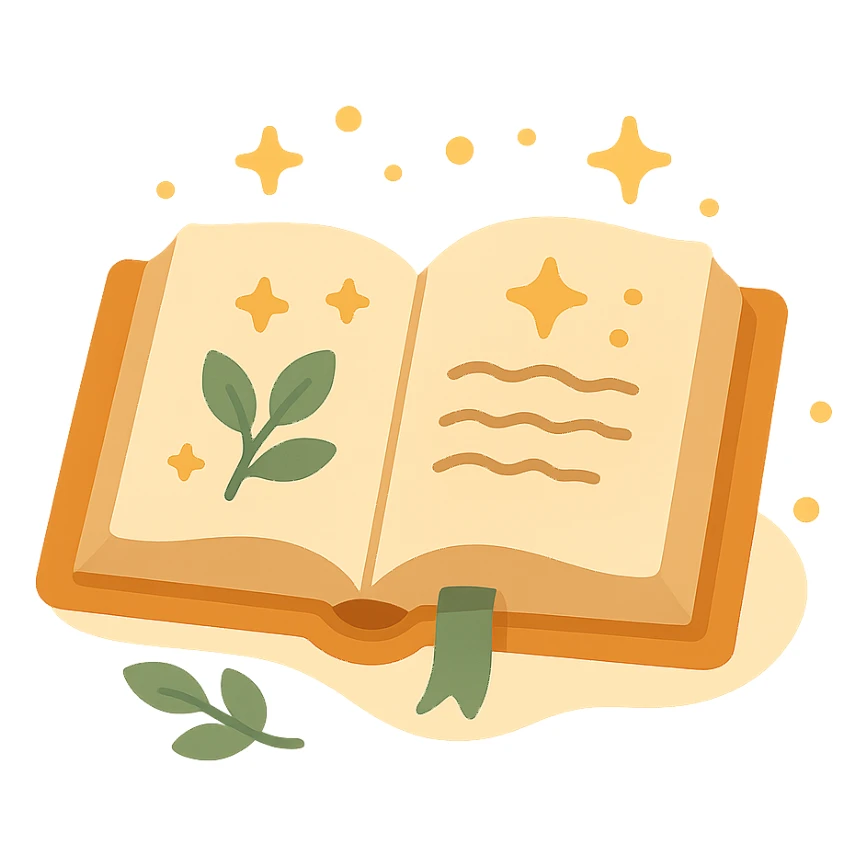 A cute open book lying on a cozy surface, designed in a soft and magical color palette: golden orange (FA9B41), deep forest green (4A7C5C), warm taupe brown (96775A), and pastel peach (FFCC9A). The pages are slightly aged with gentle curves, featuring whimsical illustrations, tiny stars, and elegant handwritten text. The book cover, visible beneath the open pages, has decorative patterns and a ribbon bookmark in peach and green tones. Around the book, add soft light, a few leaves, or glowing sparkles, creating a dreamy, enchanted, storybook-like atmosphere. The overall mood is warm, magical, and gentle sticker