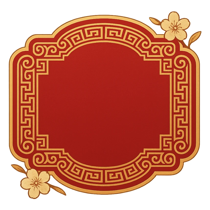 eastern style plaque for post signature, only red and gold colors, with traditional Chinese pattern, minimal peach blossom accent, no text, 512x256px sticker