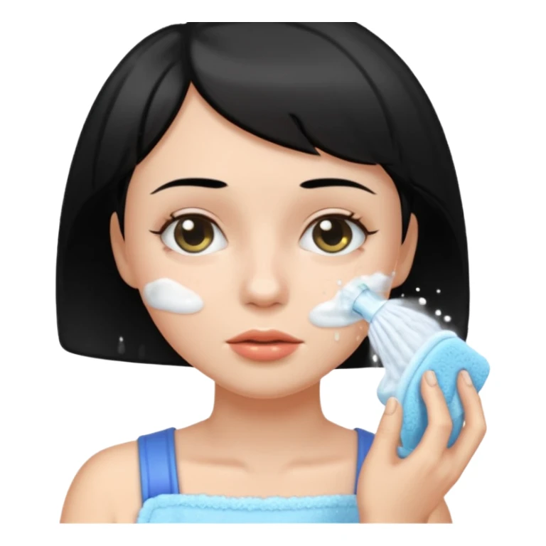 a white woman who has black short hair cleaning her face sticker