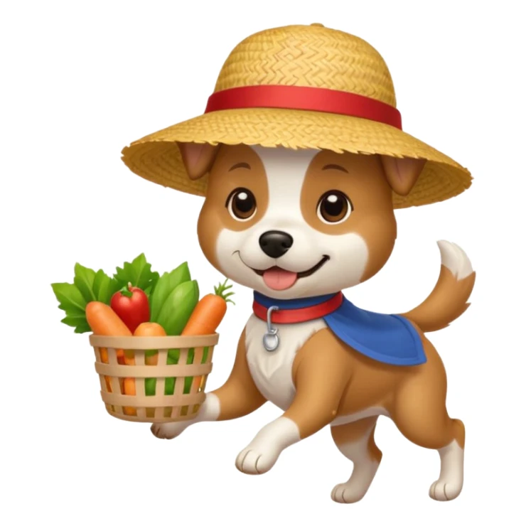 A dog running a Asian grocery store with a straw hat sticker