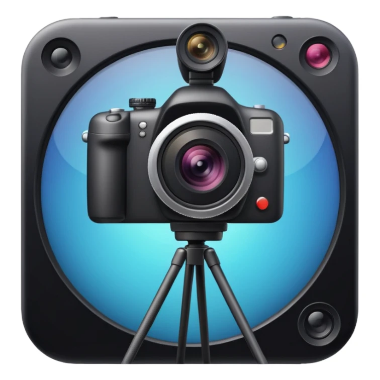 Emoji of a photo camera on a tripod, iPhone emoji style. Flat design, smooth gradients, rounded edges, soft shadows, clean look, white background sticker