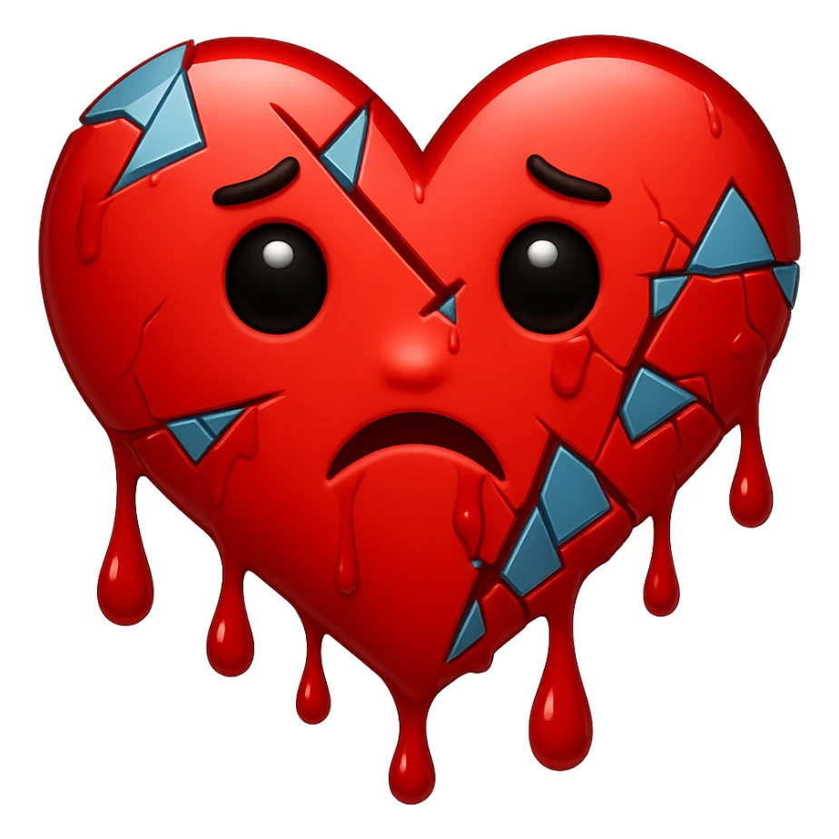 A shattered heart emoji, broken into many small, irregular fragments, conveying a feeling of heartbreak, dripping blood, in the style of Apple emoji. sticker