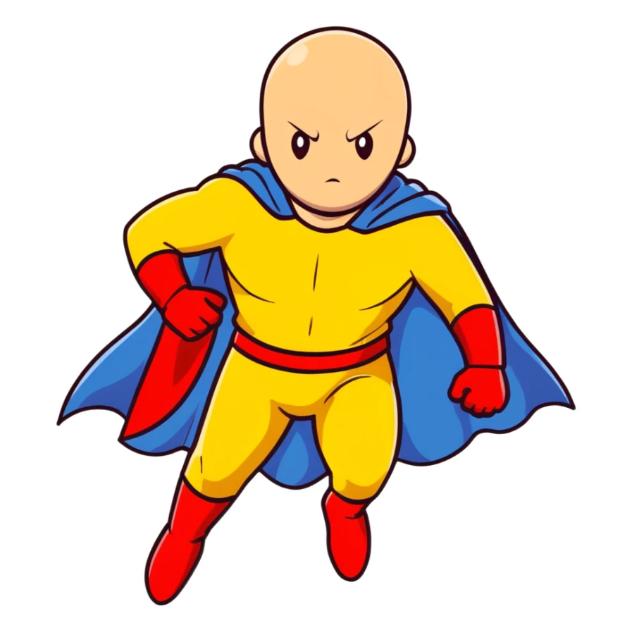 Saitama from One Punch Man, bald head, blank expression, yellow hero suit with white cape, red gloves sticker