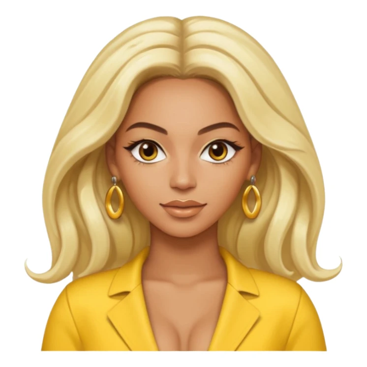 Beyonce brown eyes, long platinum blonde hair, yellow outfit with earrings sticker