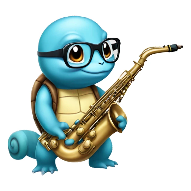 Squirtle from Pokemon with glasses and a saxophone sticker