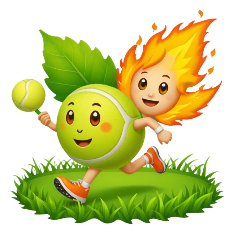 cartoon characters from bfdi, including a leaf, fire, and tennis ball, happily running in a grassy field sticker