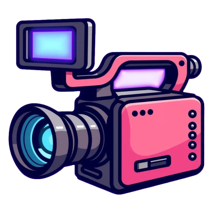 videographer's camera in pink color, with neon glow lines, blue neon glow on top left, purple neon glow on bottom right sticker