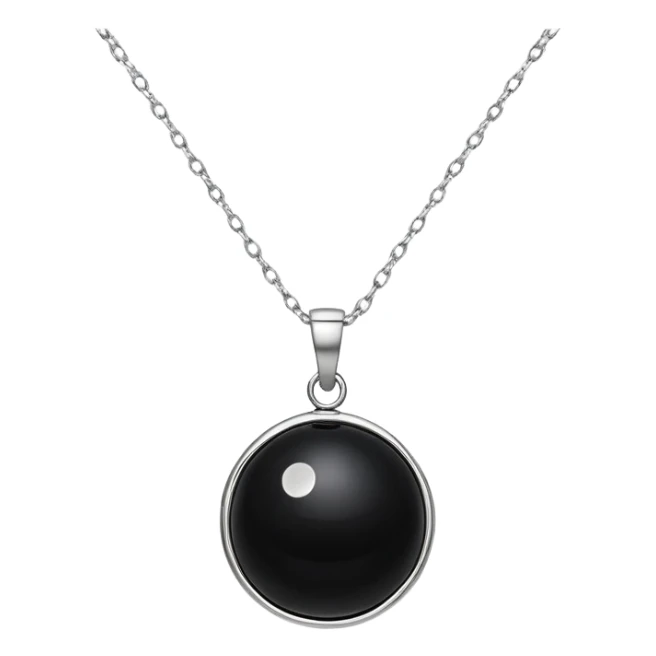 polished round black onyx pendant on a delicate silver chain, glowing faintly like a celestial orb sticker