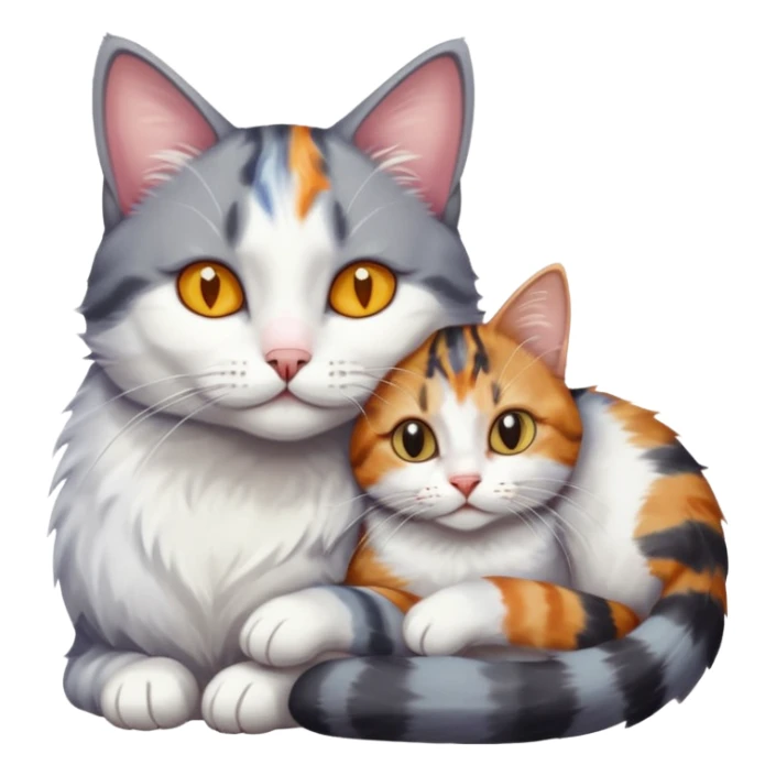 grey and white cat cuddling a colourful light patched calico + white tabby cat sticker