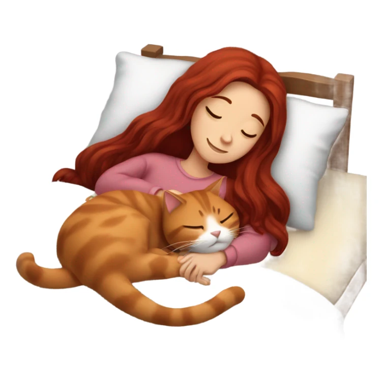 Girl  with  long dark red  hair  cuddling cat  in  bed  while napping sticker