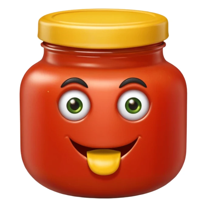 Un tarro de salsa de tomate y un tarro de salsa de mostaza al uno al lado del otro, los dos tarros con ojos sticker