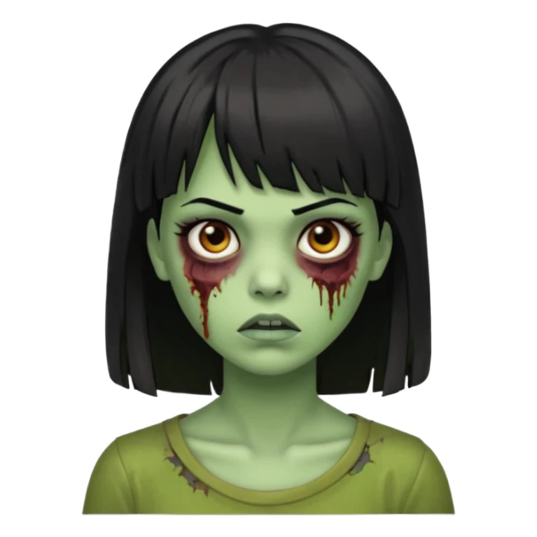 Uma zumbi com os cabelos pretos, mediano, liso e com franja, olhos castanhos sticker