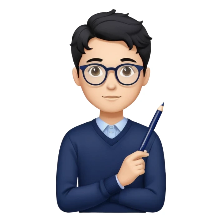 Dependable young professional man with round glasses, wavy black hair, navy blue sweater, assured posture, designer with pen sticker