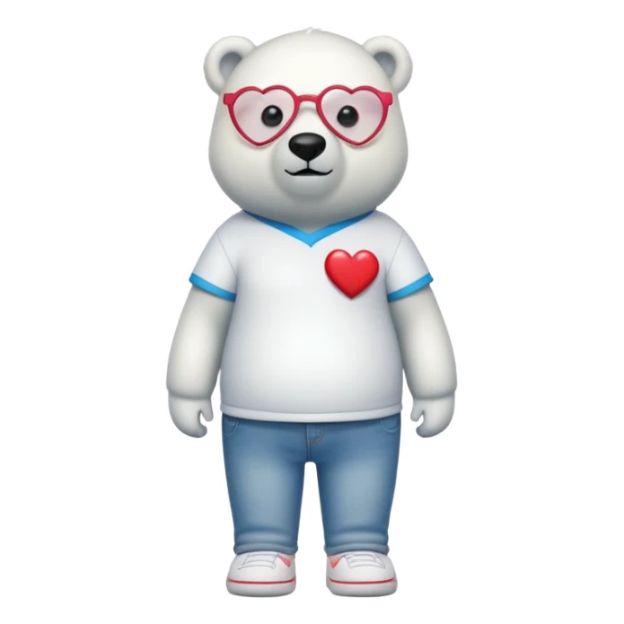 friendly anthropomorphised polar bear standing upright, looking chilled and unbothered, wearing a shirt, jeans, trainers, heart-shaped colorful glasses sticker