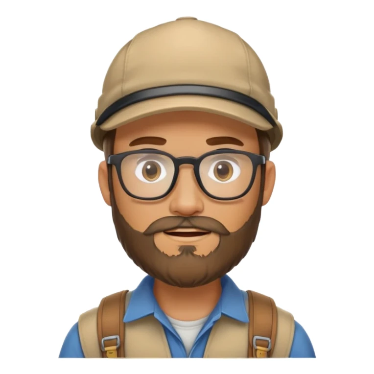 Adventurer with glasses, a beard and tan colored cap sticker