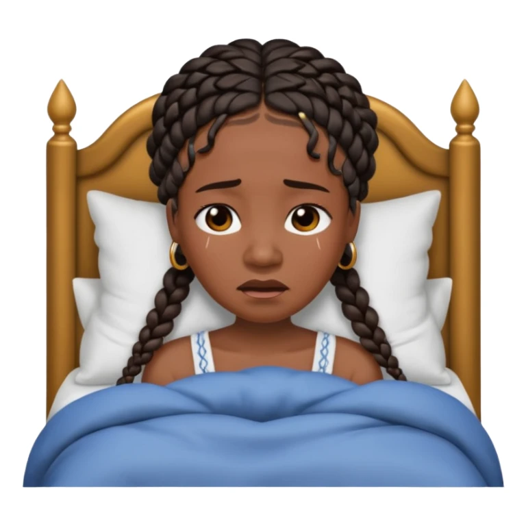 Black woman with braids in a big king size bed on one side by herself crying sticker