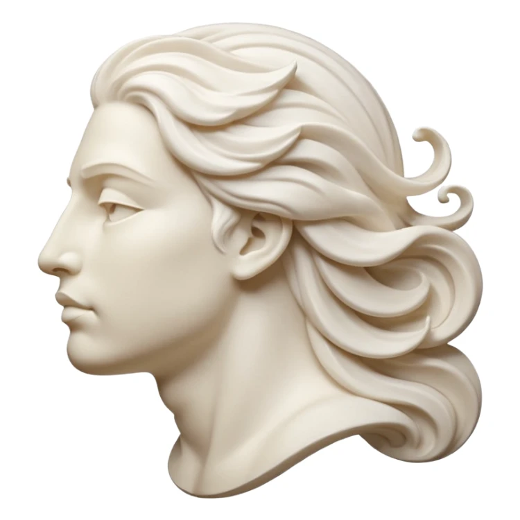Create a stylized illustration of a classical face carved in white marble, shown in profile, gently blowing wind. The wind is depicted as decorative swirling lines emerging from the mouth.  sticker