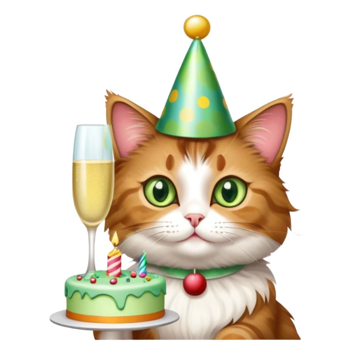 tricolor fluffy cat with big green eyes celebrating her birthday with a cake and champagne sticker