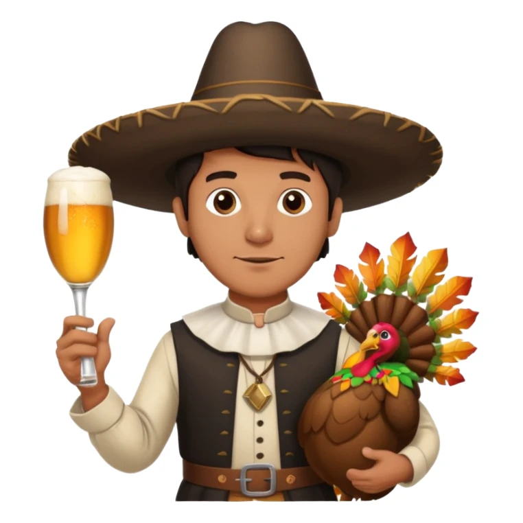 Mexican man dressesd as  Thanksgiving pilgram holding a large drumstick and Corona beer sticker