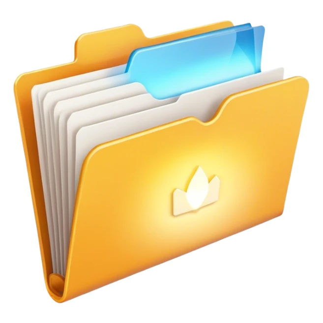 A modern, minimalist flat-style illustration of an open folder with a soft, glowing light emanating from inside.  sticker