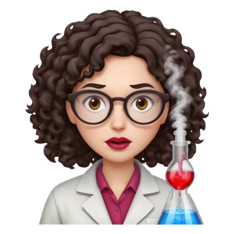 A crazy female scientist, with curly-wavy dark brown medium lenght hair, brown eyes and light grey glasses and pale skin and pinkish lips, dressed to look like an english teacher but in neutral tones like grey black white, maybe with the pop of dark red, with no girly colors, she should look mad sticker