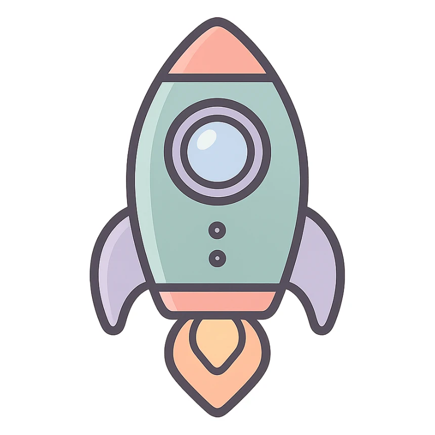 cute rocket, vector look with shadows and highlights, detailed shading, thin clean outlines, soft rounded features, pastel palette #98B5BC #B5B3C1 #C9A3C9 #E4C0CA #F7DCD1 #F7C0AA, Japanese pop art, sticker look, highly detailed sticker
