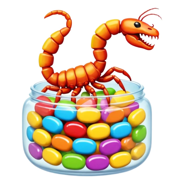 A 3D cartoon candy with a small scorpion inside, bright colors, clear reflection, realistic Memoji-style. sticker