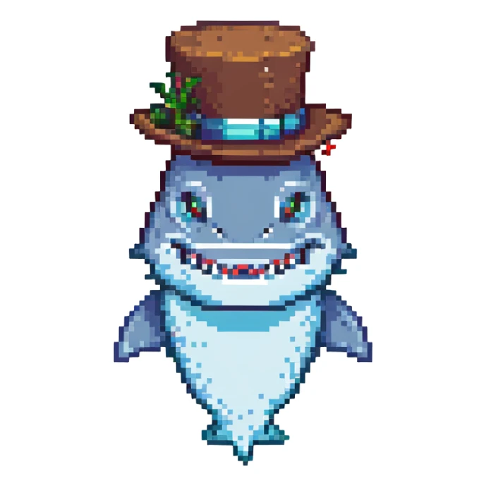 pixel art shark with a fancy tophat, simple style sticker