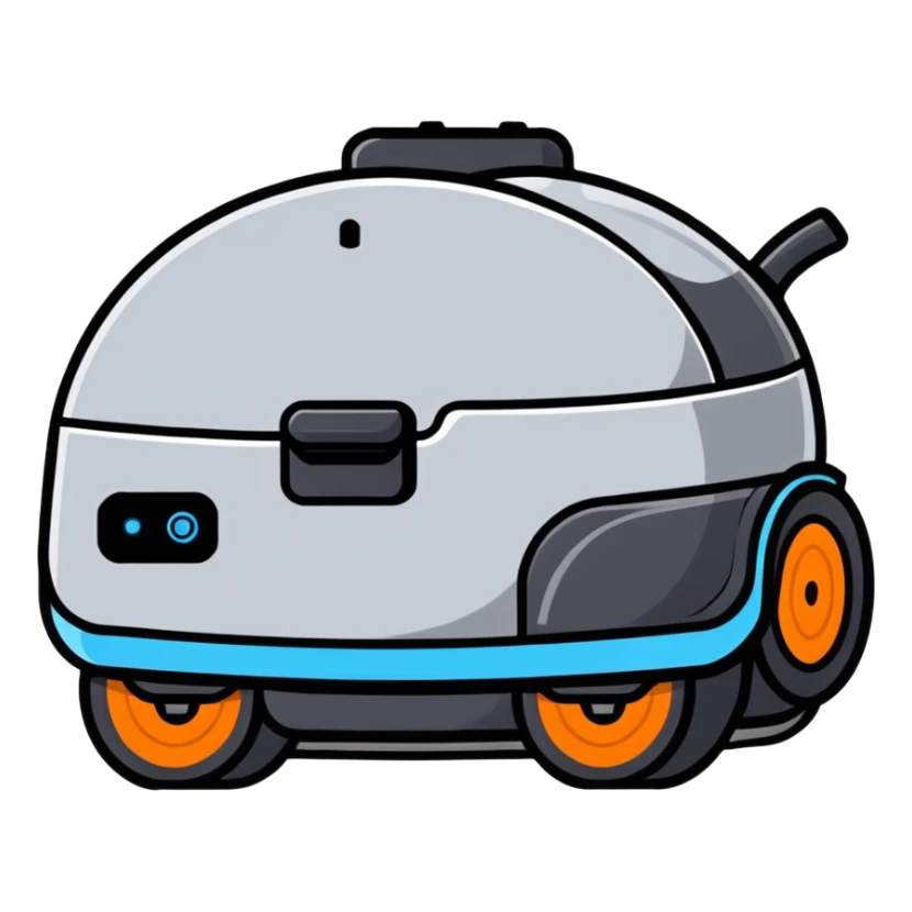 cute cleaning robot vacuum with blue, grey, and orange colors on wheels sticker