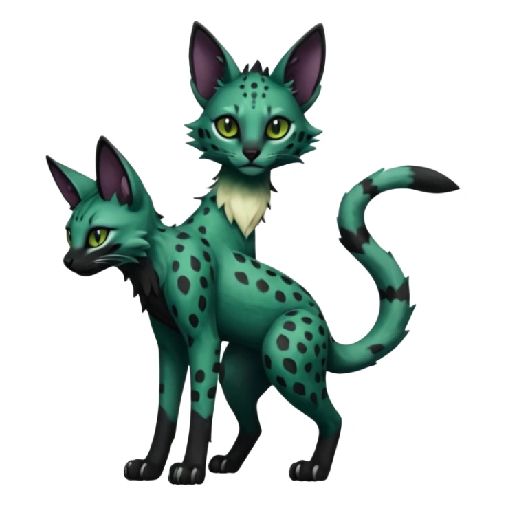 Epic complex detailed dark dusky gloomy deep gothic dark-deep-green, black, realistic Fakémon-Sprigatito-Floragato-Meowscarada-Trico-Sergal-Serval-Vernid-creature (full body) sticker