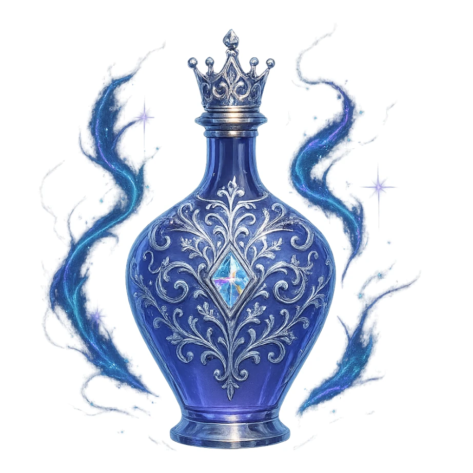 modernus itin prabangus eliksyro buteliukas, maža karūnėlės forma, spalva #7986cb, sudėtingi ryškūs sidabriniai ir holografiniai ornamentai, maksimaliai stiprūs magiški efektai, labai mažas kaklelis, skaidrus fonas, vientisas dugnas, be šešėlio, plūduriuoja ore, kolekcijos stilius sticker