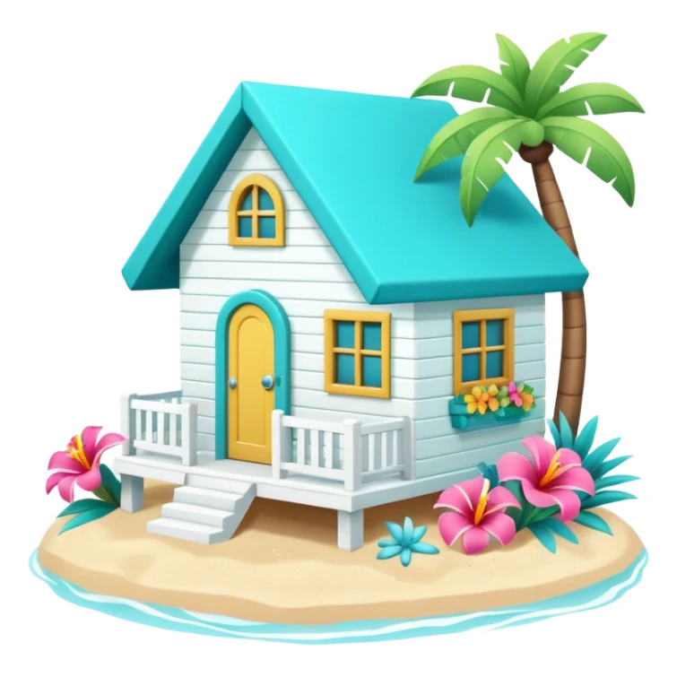 cute beach house, turquoise and white, colorful details, tropical flowers, 3D cartoon, mobile game icon style, clean background, no text, no watermark
 sticker