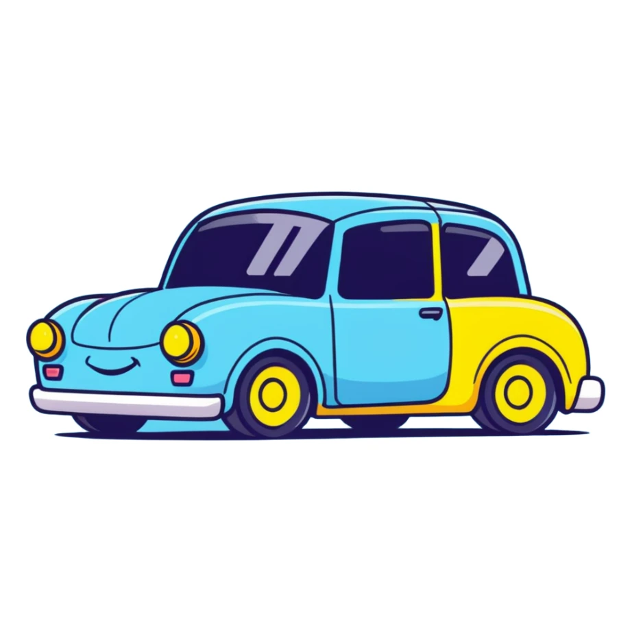 A yellow cartoon toy car with a cute face and rosy cheeks sticker