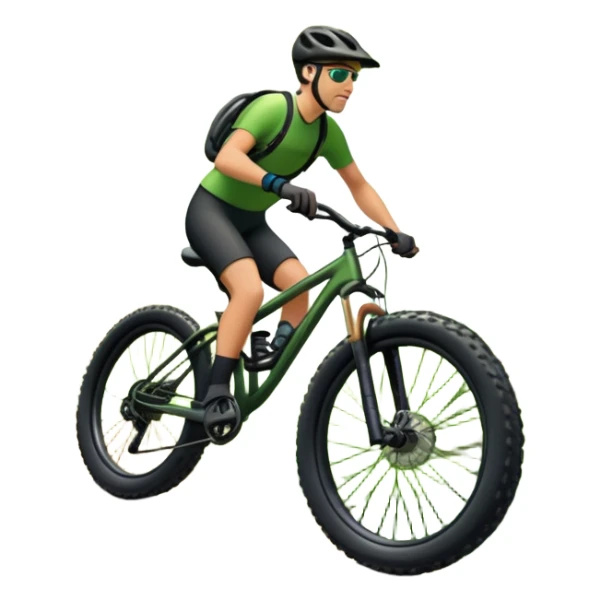 An icon showing a mountain bike with thick tires on a forest trail, surrounded by trees and natural terrain. The background features a lush green forest with sunlight filtering through the branches, and a winding path ahead. Transparent background highlights the  adventure of mountain biking. sticker