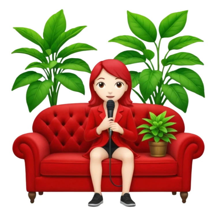 red velvet luxury couch with a stand mic in front and houseplant in back sticker