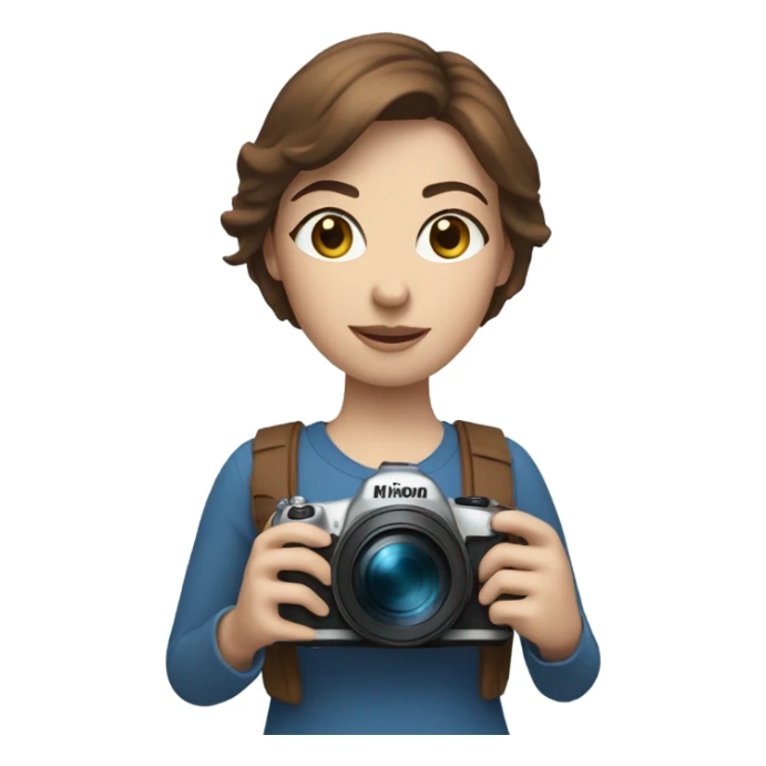 woman with brown short hair and blue eyes holding a nikon camera sticker