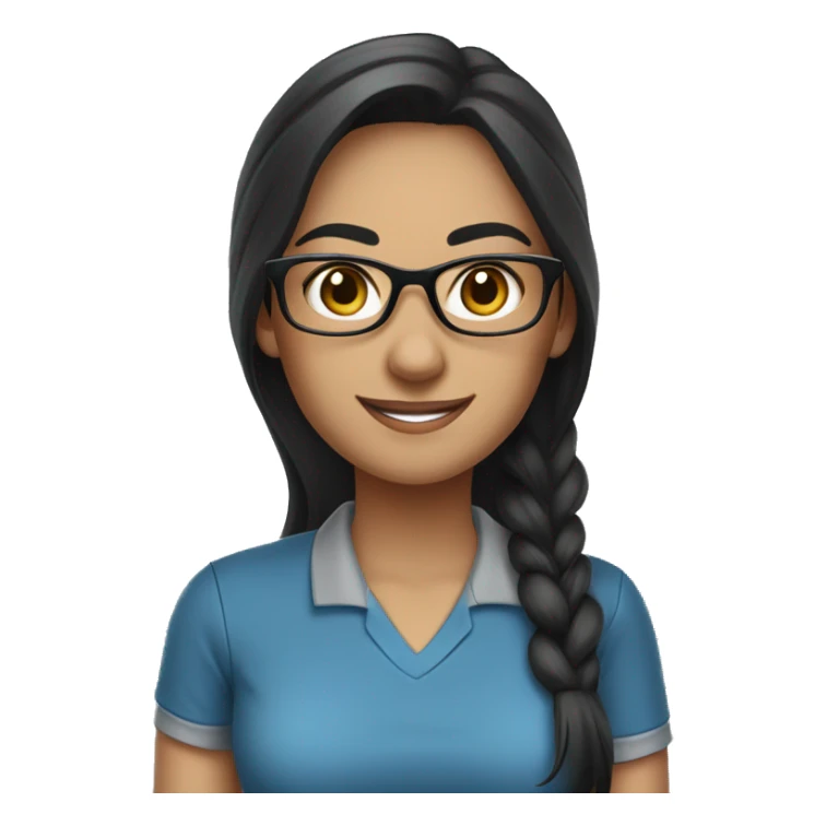 female teacher, long black hair with some grey, wearing blue eyeglasses. Brown eyes. Wearing a polo shirt. Smiling sticker