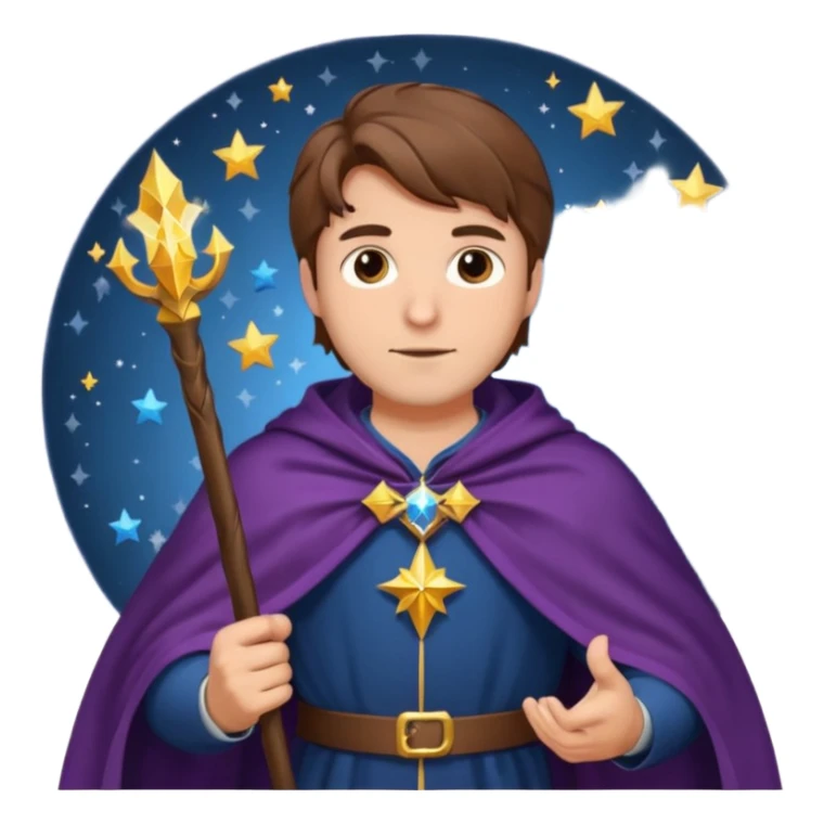 Brown haired man with a cape and a wizard staff and stars around him sticker
