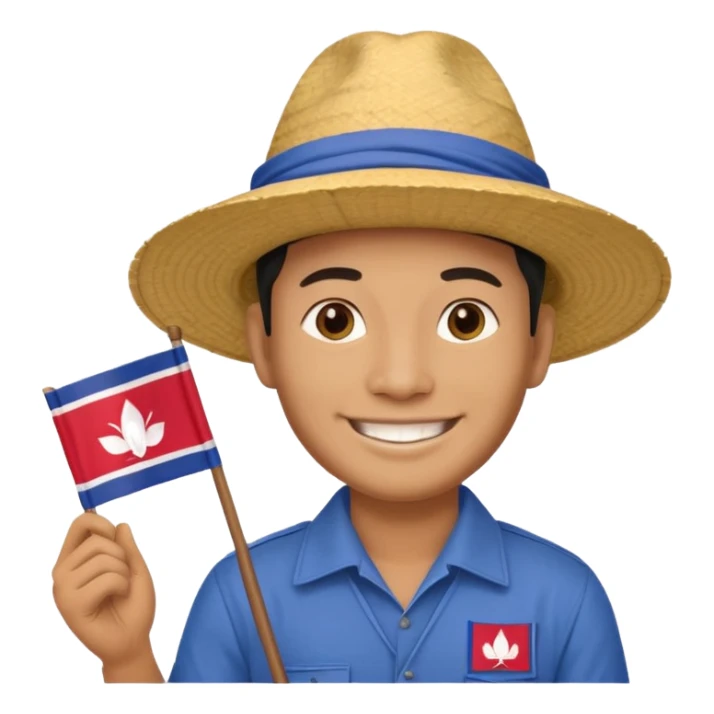 Cambodian man Tourist Guide with small cambodian flag in hand and traditional cambodian hat sticker