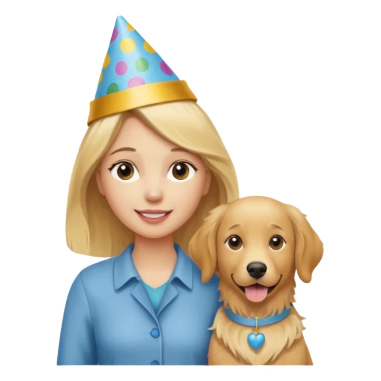 Female blonde with a birthday hat standinf w a golden retriever  sticker