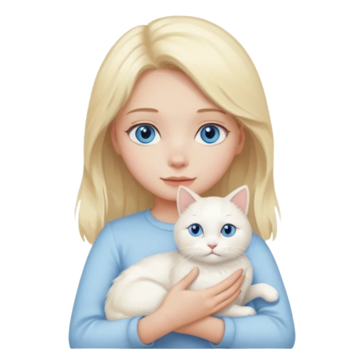 A girl with blonde hair, blue eyes, holding a white cat sticker