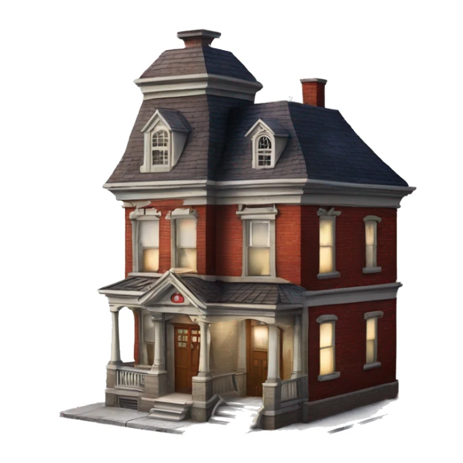 Very old dilapidated Apartment building shaped like the Ghost Busters Firehouse with solar lights and decorative and detailed interior design  sticker