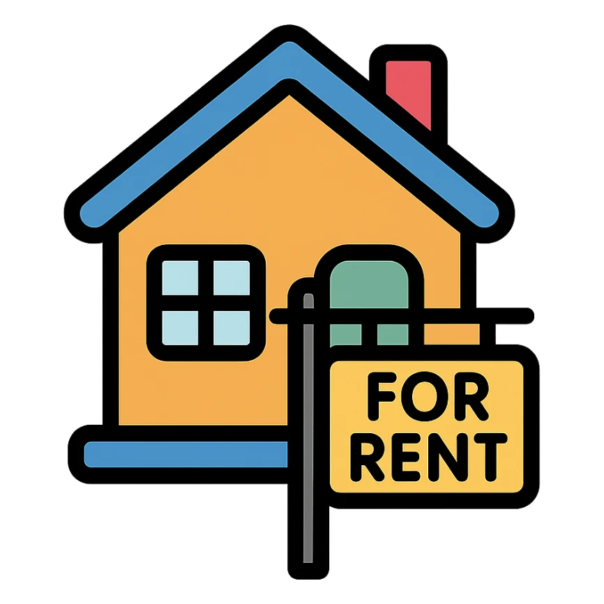 house with a 'for rent' sign icon sticker