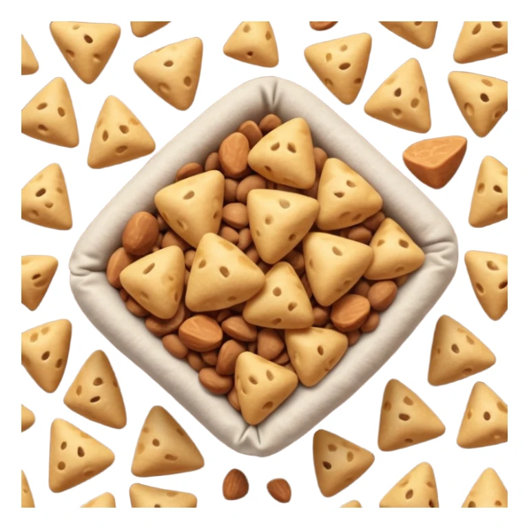 small handful of dry pet food pieces in varied shapes round triangular pillow-like warm brown tones slightly rough matte texture irregularly scattered crunchy bite-sized format no bowl packaging or extras just croquettes soft lighting subtle shadows emoji scale sticker