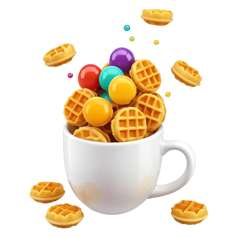 3D rendered mini Hong Kong egg waffles in a cup with colorful toppings, hyper-realistic bubbled texture, vibrant colors, glossy finish, detailed bubble pattern, playful presentation sticker