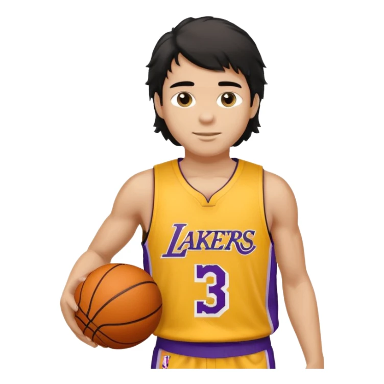 a light tan boy with messy a black mullet. wearing a lakers jersey and carrying a basketball sticker