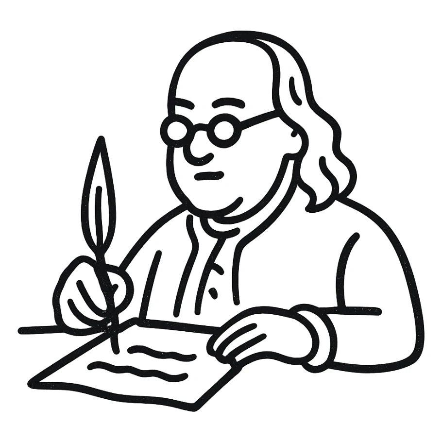 Create a minimalist black outline style illustration with no fill, matching the reference style. Depict Ben Franklin writing with a scribe onto the Declaration of Independence. The style should be suitable for a startup logo, clean and simple with hand-drawn black outlines and no color fill. sticker