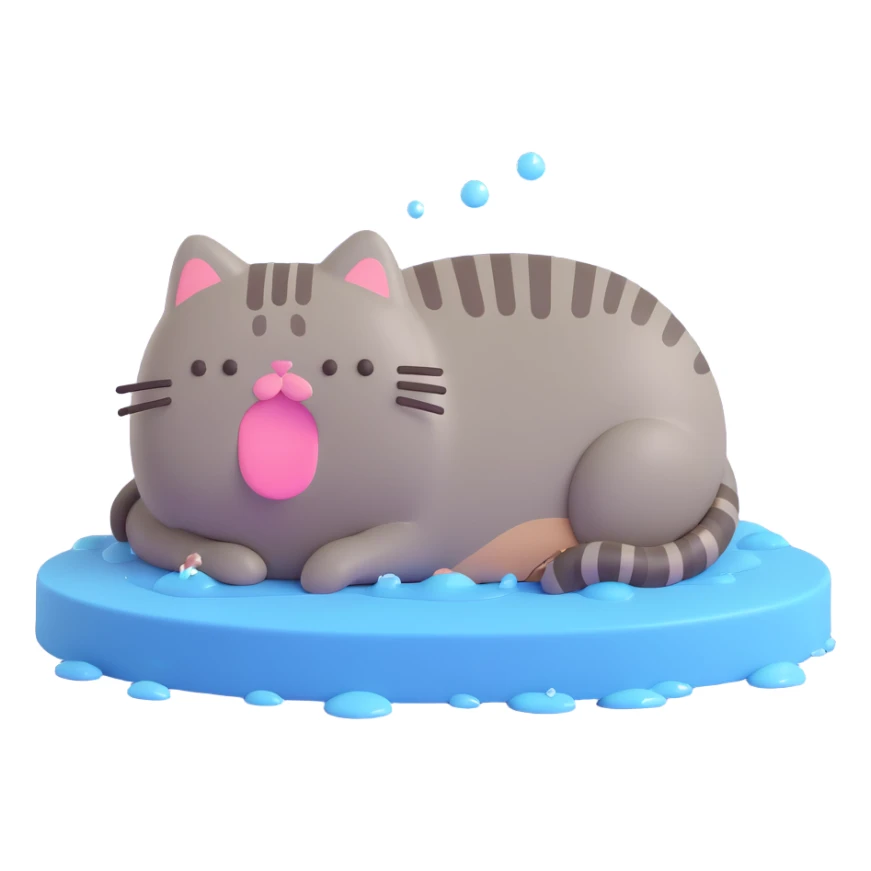 Pusheen cat lying down and crying, tears pooling beneath, 3D style sticker