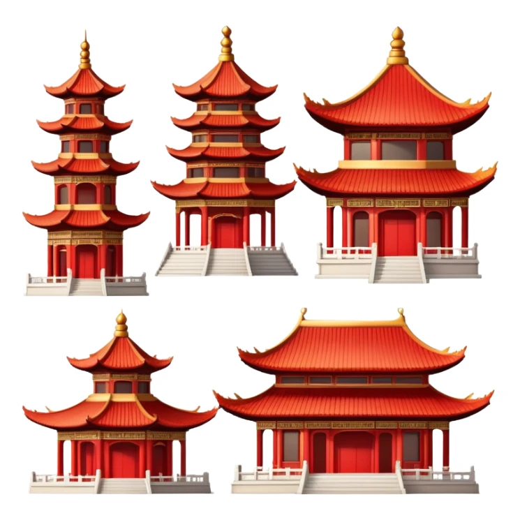Traditional Chinese architecture with pagoda roofs, red columns, ornate details sticker